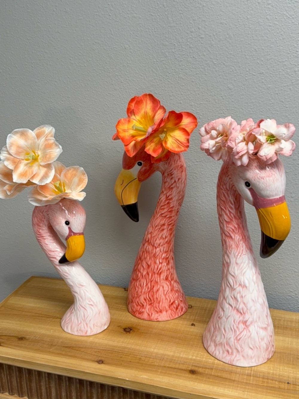 Set of 3 Pink Flamingo Head Vases with Floral Accents